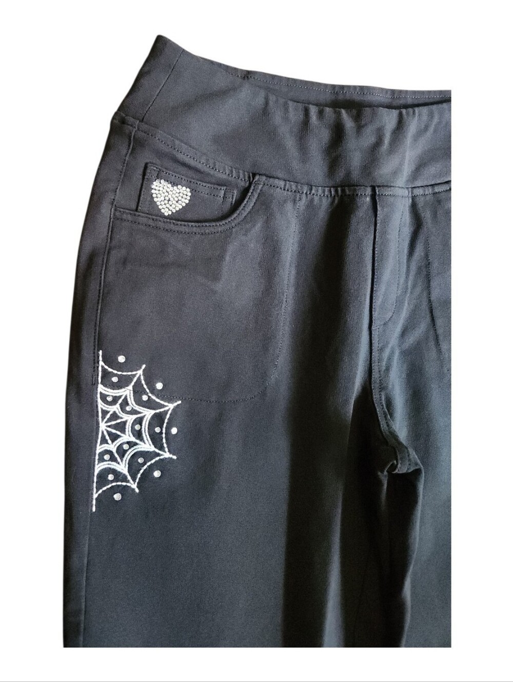 Quacker Factory Pull Up Black Pants Size XS spider Web Halloween Goth Punk Witch - Picture 5 of 8